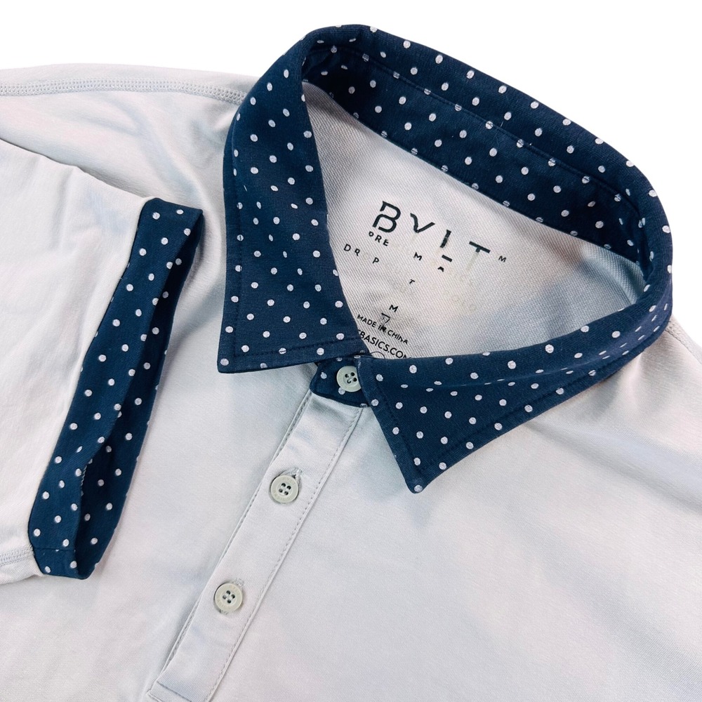 BYLT Premium Basics Drop-Cut LUX Polka Dot Polo Shirt Men's M Stone Grey Blue